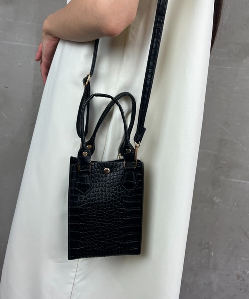 黒 クロコダイル風 ハンドバッグ （黒 クロコダイル風 薄 ショルダー 
