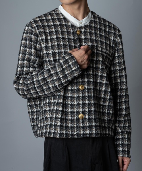 セール】ツイード ゴールドボタン ノーカラー ショート丈 ジャケット
