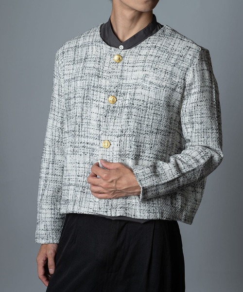 セール】ツイード ゴールドボタン ノーカラー ショート丈 ジャケット