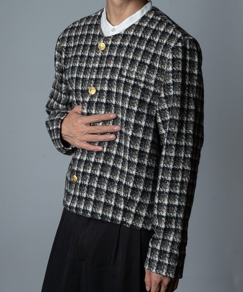 セール】ツイード ゴールドボタン ノーカラー ショート丈 ジャケット