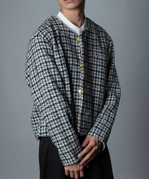 セール】ツイード ゴールドボタン ノーカラー ショート丈 ジャケット