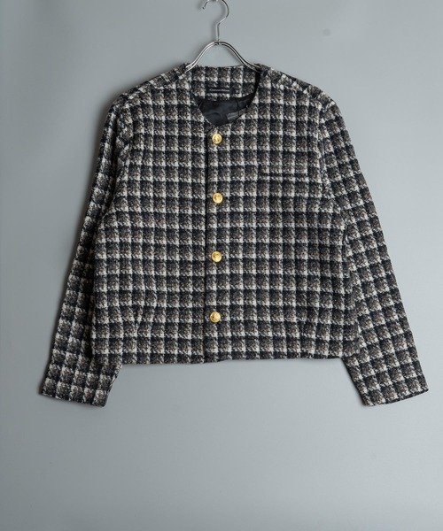 セール】ツイード ゴールドボタン ノーカラー ショート丈 ジャケット