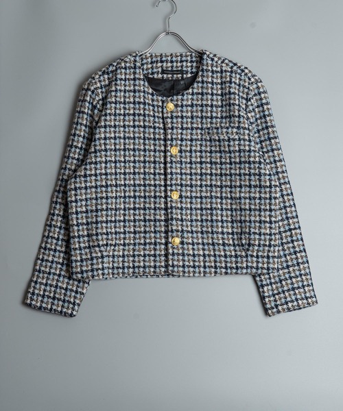 美品✨TOCCA ショート丈ノーカラージャケットリボンXL Sibra ジャケット ノーカラージャケット ツイードショート丈コ