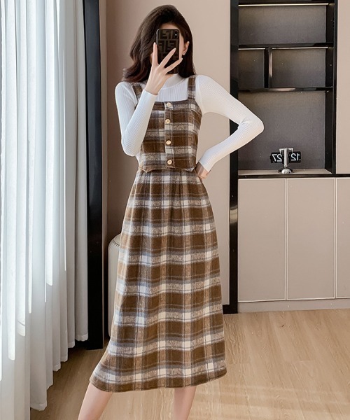【セール】Y2K チェック柄スイッチングロングキャミワンピース（ワンピース）｜gossip！ロサンゼルス（ゴシップロサンゼルス）