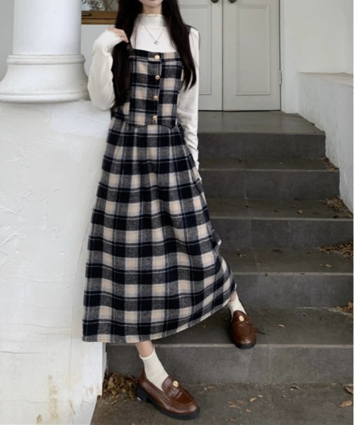 【セール】Y2K チェック柄スイッチングロングキャミワンピース（ワンピース）｜gossip！ロサンゼルス（ゴシップロサンゼルス）