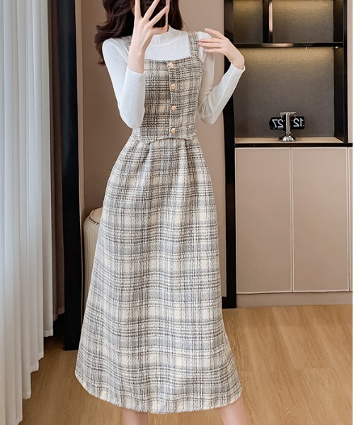 【セール】Y2K チェック柄スイッチングロングキャミワンピース（ワンピース）｜gossip！ロサンゼルス（ゴシップロサンゼルス）