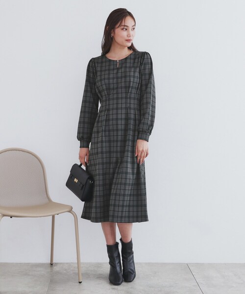 セール】《S-LLsize》ストレッチチェックジャカードワンピース【洗濯機