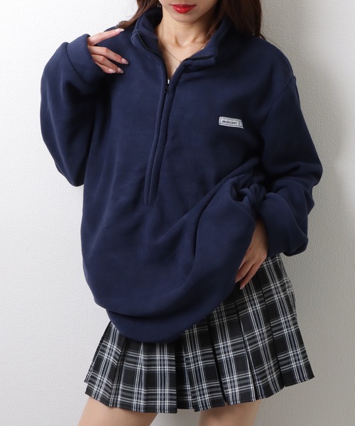 Lace Ladies(レースレディース)の「オーバーサイズ フリース ハーフジップ プルオーバー トップス(スウェット・レディース・ネイビー/アイボリー/ブラック・M/XL)」の3枚目の写真