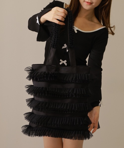 Lace Ladies(レースレディース)の「チュール フリル トート ショルダー バッグ(トートバッグ・レディース・ホワイト/ブラック・FREE)」の7枚目の写真