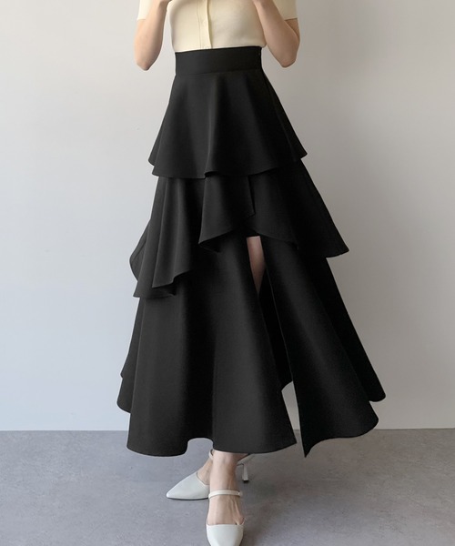 mipiarl(ミピアール)の「ハイウエストスリットティアードパンツスカート(スカート・レディース・ブラック/アイボリー/チャコール/ネイビー/グレイッシュベージュ/ブラウン・SMALL/MEDIUM/LARGE/X-LARGE)」の3枚目の写真