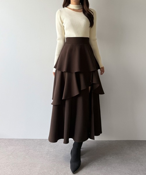 mipiarl(ミピアール)の「ハイウエストスリットティアードパンツスカート(スカート・レディース・ブラック/アイボリー/チャコール/ネイビー/グレイッシュベージュ/ブラウン・SMALL/MEDIUM/LARGE/X-LARGE)」の15枚目の写真