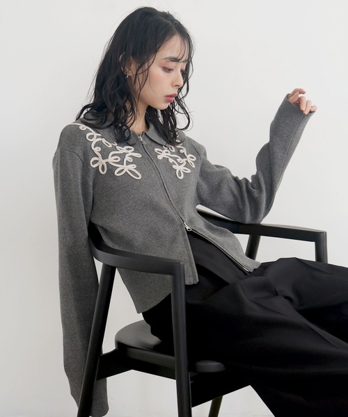 コード刺繍ポロニットカーディガン（カーディガン/ボレロ）｜LIAN
