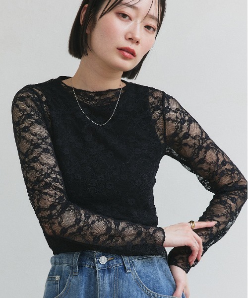 ad thie(アドティエ)の「クルーネック レース カットソー(Tシャツ/カットソー・レディース・オフホワイト/ブラック・FREE)」の1枚目の写真