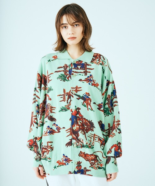 タウンクラフト PRINTED ランチ柄 ハートクラウン柄 ポロカーディガン セール】TOWNCRAFT / タウンクラフト PRINTED POLO CARDIGAN