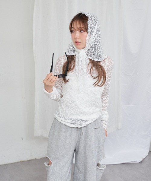 RAY CASSIN（レイカズン）の「【スカーフ付き】レーストップス インナーセット（Tシャツ/カットソー・レディース・ホワイト/ブラック/ベージュ・FREE）」の8枚目の写真