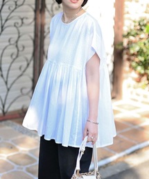 【indian Cotton Collection】フロントギャザー半袖ワイドブラウス(インド綿.インドコットン.コットン100%,綿100%)