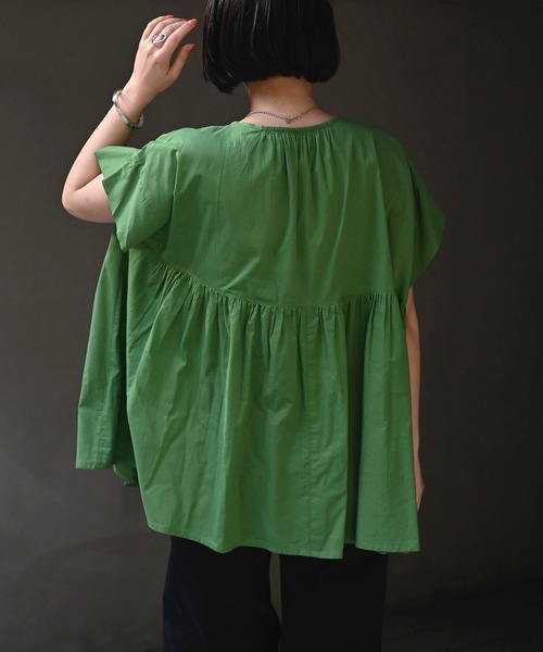 ＆HALF（アンドハーフ）の「【indian Cotton Collection】フロントギャザー半袖ワイドブラウス（インド綿.インドコットン.コットン100%,綿100%）（シャツ/ブラウス・レディース・グリーン/オフホワイト/ブラック・M/L）」の8枚目の写真