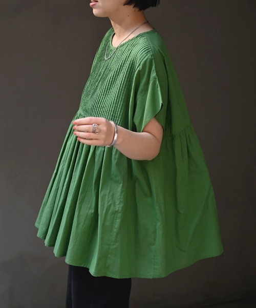 ＆HALF（アンドハーフ）の「【indian Cotton Collection】フロントギャザー半袖ワイドブラウス（インド綿.インドコットン.コットン100%,綿100%）（シャツ/ブラウス・レディース・グリーン/オフホワイト/ブラック・M/L）」の9枚目の写真