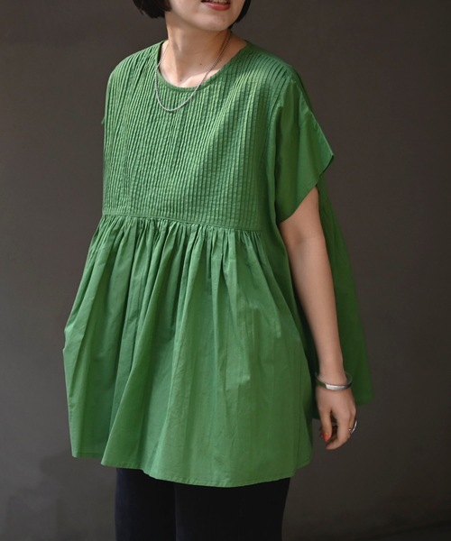 ＆HALF（アンドハーフ）の「【indian Cotton Collection】フロントギャザー半袖ワイドブラウス（インド綿.インドコットン.コットン100%,綿100%）（シャツ/ブラウス・レディース・グリーン/オフホワイト/ブラック・M/L）」の10枚目の写真