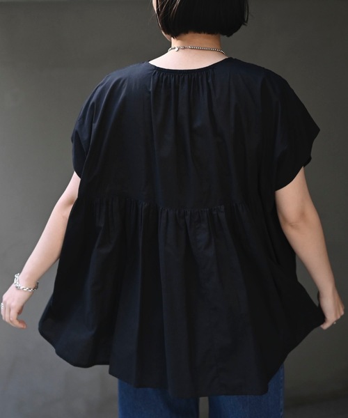 ＆HALF（アンドハーフ）の「【indian Cotton Collection】フロントギャザー半袖ワイドブラウス（インド綿.インドコットン.コットン100%,綿100%）（シャツ/ブラウス・レディース・グリーン/オフホワイト/ブラック・M/L）」の5枚目の写真