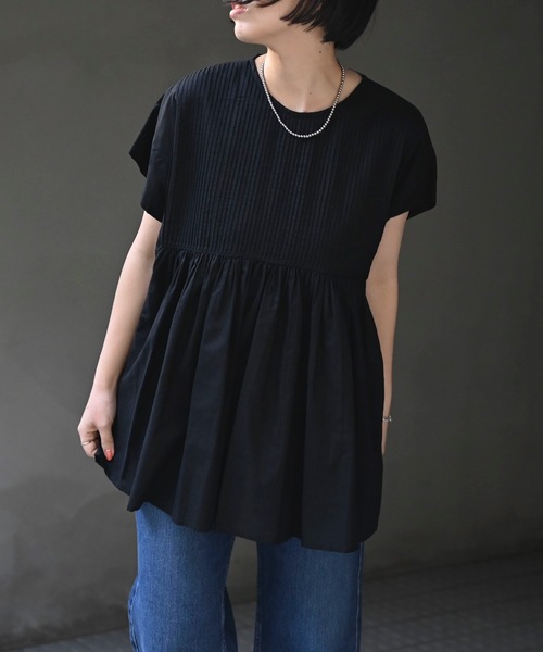 ＆HALF（アンドハーフ）の「【indian Cotton Collection】フロントギャザー半袖ワイドブラウス（インド綿.インドコットン.コットン100%,綿100%）（シャツ/ブラウス・レディース・グリーン/オフホワイト/ブラック・M/L）」の7枚目の写真