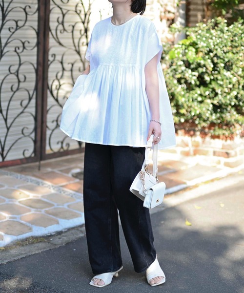 ＆HALF（アンドハーフ）の「【indian Cotton Collection】フロントギャザー半袖ワイドブラウス（インド綿.インドコットン.コットン100%,綿100%）（シャツ/ブラウス・レディース・グリーン/オフホワイト/ブラック・M/L）」の17枚目の写真