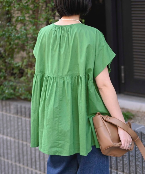 ＆HALF（アンドハーフ）の「【indian Cotton Collection】フロントギャザー半袖ワイドブラウス（インド綿.インドコットン.コットン100%,綿100%）（シャツ/ブラウス・レディース・グリーン/オフホワイト/ブラック・M/L）」の19枚目の写真