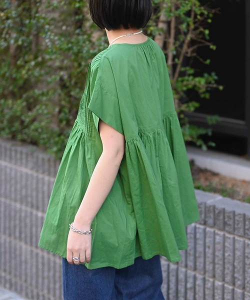 ＆HALF（アンドハーフ）の「【indian Cotton Collection】フロントギャザー半袖ワイドブラウス（インド綿.インドコットン.コットン100%,綿100%）（シャツ/ブラウス・レディース・グリーン/オフホワイト/ブラック・M/L）」の20枚目の写真