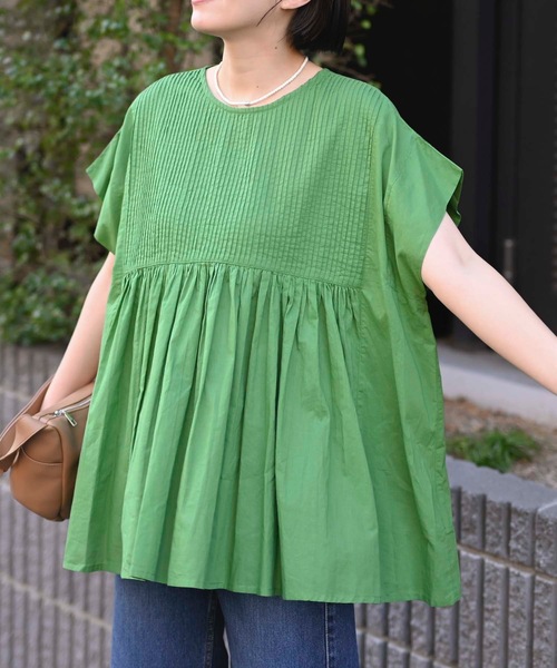 ＆HALF（アンドハーフ）の「【indian Cotton Collection】フロントギャザー半袖ワイドブラウス（インド綿.インドコットン.コットン100%,綿100%）（シャツ/ブラウス・レディース・グリーン/オフホワイト/ブラック・M/L）」の21枚目の写真