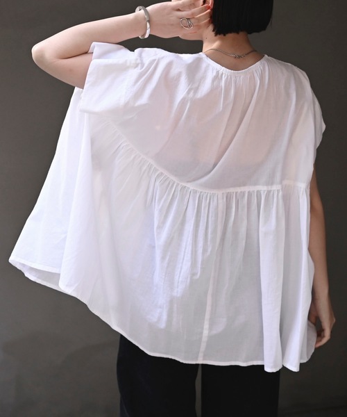 ＆HALF（アンドハーフ）の「【indian Cotton Collection】フロントギャザー半袖ワイドブラウス（インド綿.インドコットン.コットン100%,綿100%）（シャツ/ブラウス・レディース・グリーン/オフホワイト/ブラック・M/L）」の14枚目の写真