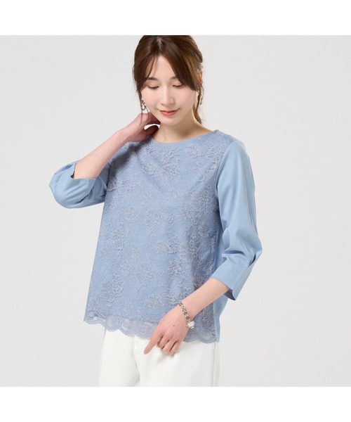 シャツ+ブラウス(長袖+七分) KISHIDA MIKI shirring sleeve ドビーギンガム 5分袖ショート前あきブラウス(セットアップ対応