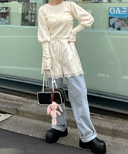 Alley Tokyo（アリートーキョー）の「コルセット切替リブTOPS（Tシャツ/カットソー・レディース・オフホワイト/グレー・FREE）」の5枚目の写真