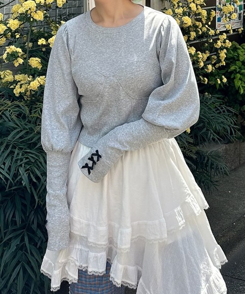 Alley Tokyo（アリートーキョー）の「コルセット切替リブTOPS（Tシャツ/カットソー・レディース・オフホワイト/グレー・FREE）」の14枚目の写真