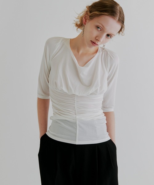 kiehtova（キエトヴァ）の「【kiehtova】MOIST GATHER BUSTIER TEE/モイスト ギャザー　ビスチェ ティー（Tシャツ/カットソー・レディース・ブラック/ホワイト・FREE）」の4枚目の写真