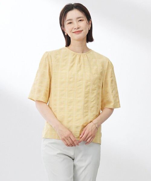 J.PRESS(ジェイプレス)の「【洗える】SHEER チェック フレアスリーブ ブラウス(シャツ/ブラウス・レディース・オレンジ系3/ピーコックグリーン系3/ホワイト系3・9/11)」の1枚目の写真