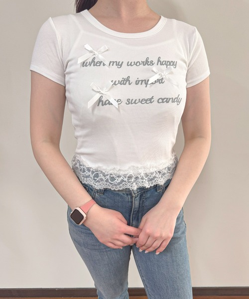 frunco(フランコ)の「【ZOZO限定】レース付きレタリングロゴTシャツ(Tシャツ/カットソー・レディース・イエロー/ホワイト/ピンク/ブルー/グレー・FREE)」の1枚目の写真