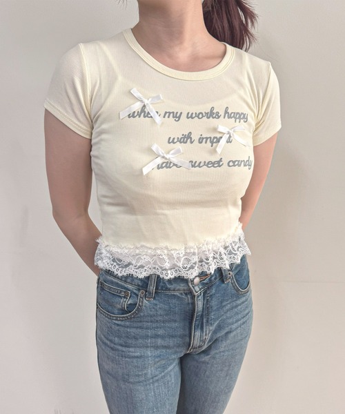 frunco(フランコ)の「【ZOZO限定】レース付きレタリングロゴTシャツ(Tシャツ/カットソー・レディース・イエロー/ホワイト/ピンク/ブルー/グレー・FREE)」の4枚目の写真