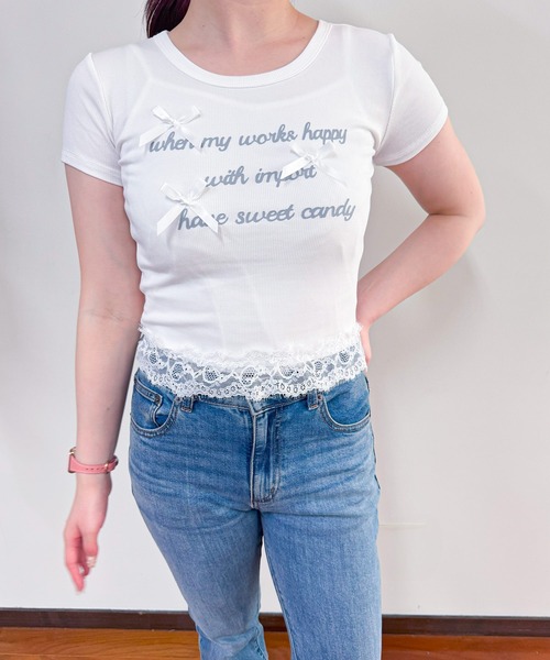 frunco(フランコ)の「【ZOZO限定】レース付きレタリングロゴTシャツ(Tシャツ/カットソー・レディース・イエロー/ホワイト/ピンク/ブルー/グレー・FREE)」の7枚目の写真