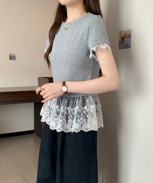 Doux Belle(ドゥーベル)の「袖レースシアーカットソー(Tシャツ/カットソー・レディース・ホワイト/ブラック/グレー・MEDIUM)」の8枚目の写真