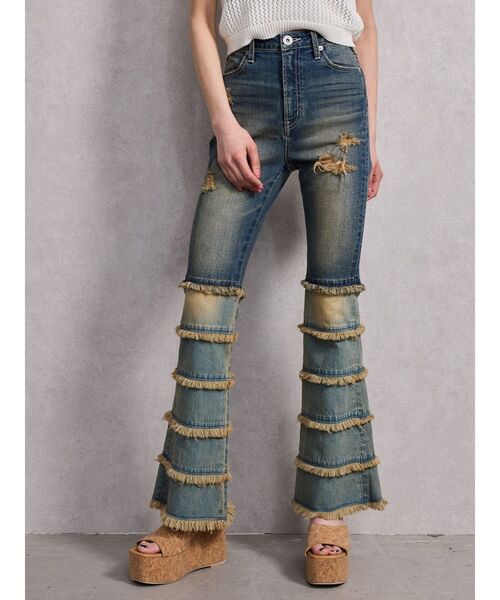 ハイウエストTIERED FRINGEフレアデニムパンツ GYDA ジーンズ デニム デニムパンツ ハイウエストTIERED FRINGE