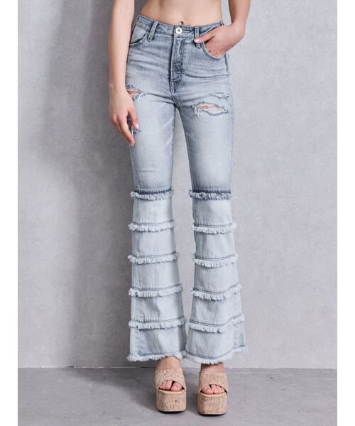 ❤︎gyda ハイウエスト　TIERED FRINGE フレアデニムパンツ❤︎ ハイウエストTIERED FRINGEフレアデニムパンツ（デニムパンツ