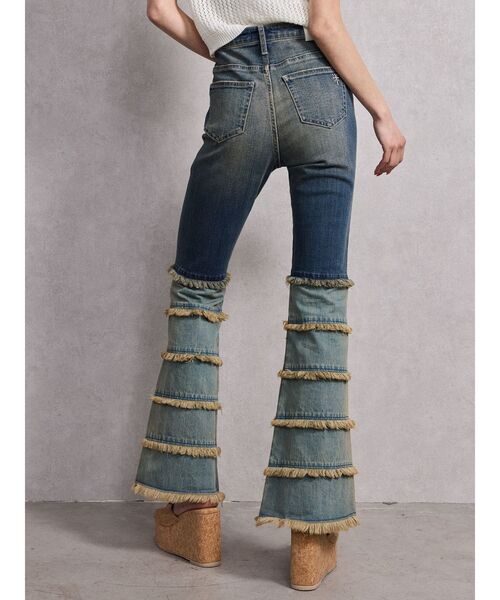ハイウエストTIERED FRINGEフレアデニムパンツ セール】ハイウエストTIERED FRINGEフレアデニムパンツ（デニム