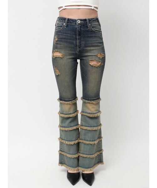 ハイウエストTIERED FRINGEフレアデニムパンツ セール】ハイウエストTIERED FRINGEフレアデニムパンツ（デニムパンツ