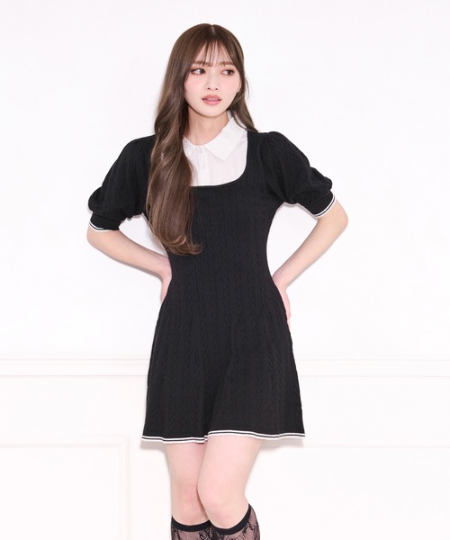 セール】シャツレイヤード風ニットミニワンピース（ワンピース