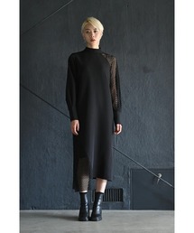 アシンメトリーメッシュオフネックロングスリーブワンピース