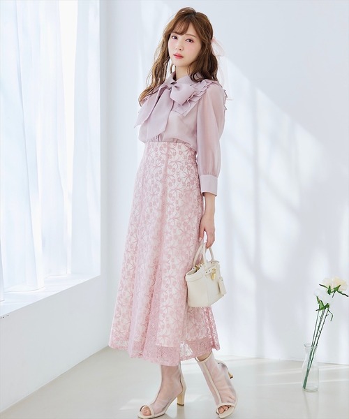 SWINGLE（スウィングル）の「【日本製】シャイニーフラワーレーススカート（スカート・レディース・ピンク/ネイビー/ベージュ・MEDIUM/SMALL）」の14枚目の写真