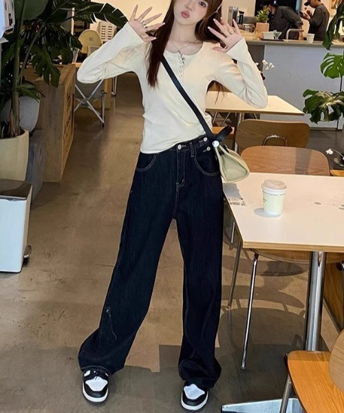 SHEPP(シープ)の「【累計お気に入り9500人突破】ヘンリーネック スリムフィット ロンT/26春夏(Tシャツ/カットソー・レディース・オートミール/ブラック/ホワイト・S/M)」の7枚目の写真