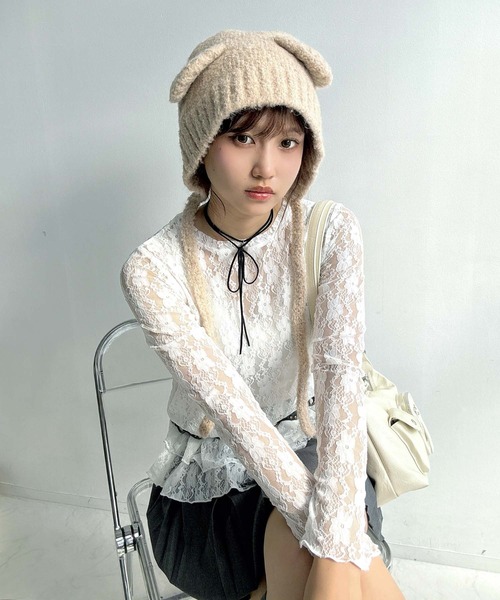 くま耳ボンネットビーニー / くま耳ニット帽（ニットキャップ/ビーニー