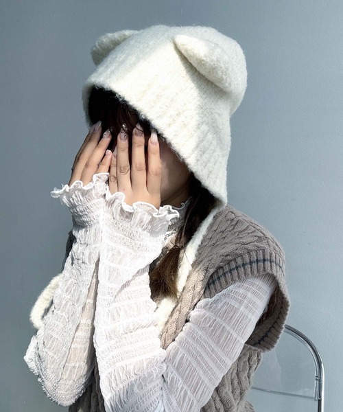 くま耳ボンネットビーニー / くま耳ニット帽（ニットキャップ/ビーニー