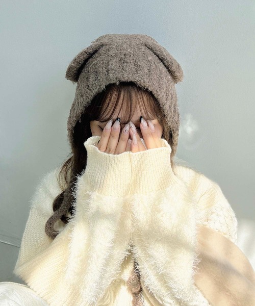 AS KNOW AS plus(アズノゥアズプラス)の「くま耳ボンネットビーニー / くま耳ニット帽(ニットキャップ/ビーニー・レディース・アイボリー/ブラック/グレー/ブラウン/ベージュ・FREE)」の12枚目の写真